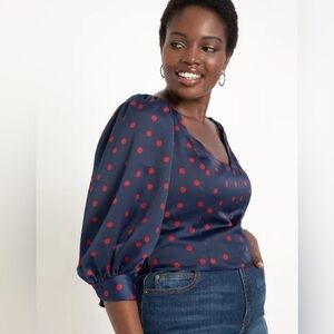 NWT Size 20 Plus Eloquii Satin Navy Red Polka‎ Dot Smocked Blouse Top